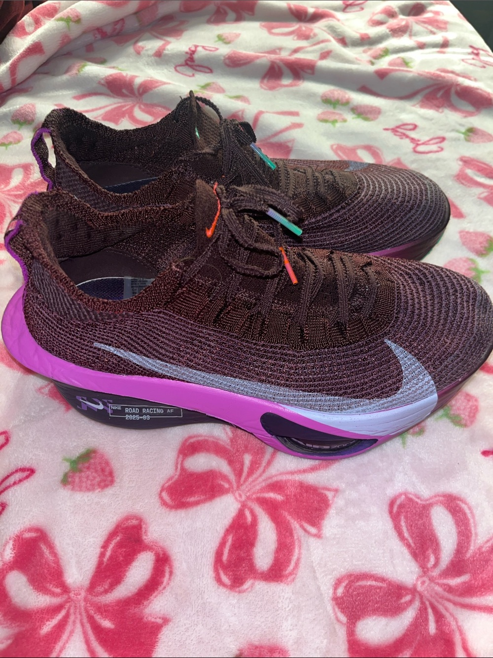 Nike Maroon Knit Sneakers with Purple Midsole and Multicolor Swooshes. - Picture 3 of 3